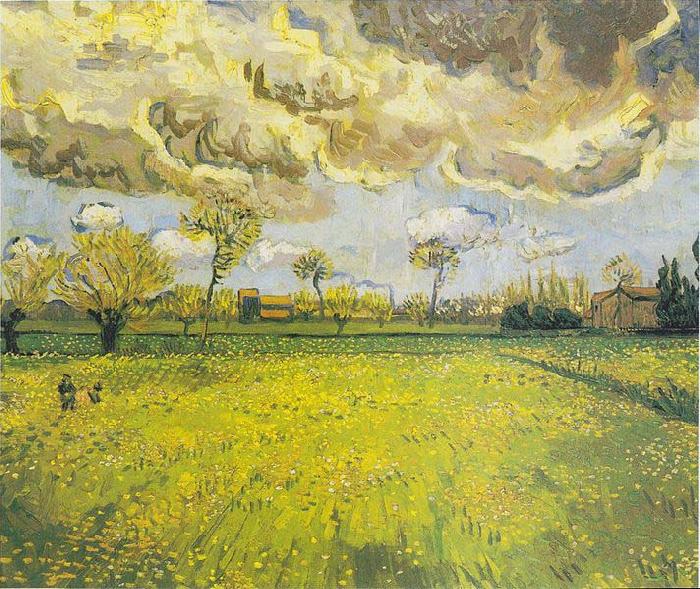 Vincent Van Gogh Meadow with flowers under a stormy sky